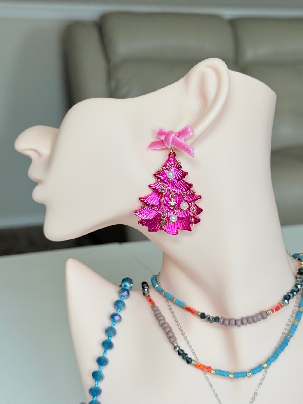 Pink Bow Christmas Tree Drop Earrings